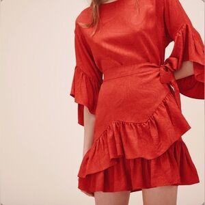 Maje Rahima Rouge Red Floral Jacquard Faux Wrap Mini Dress Size 1 (S)